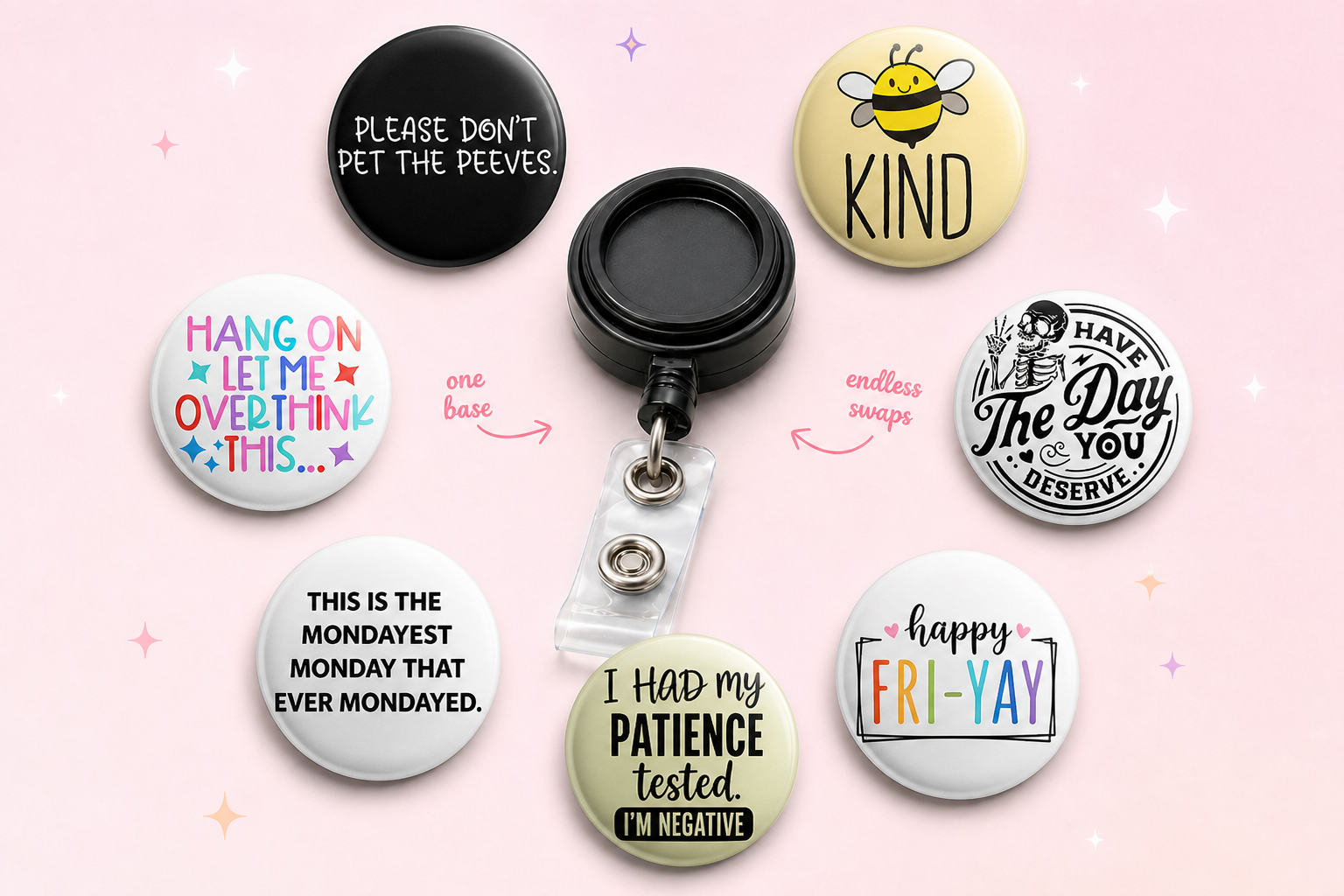 Topperswap Teacher Starter Kit — SnapLock badge reel with 7 swappable teacher toppers