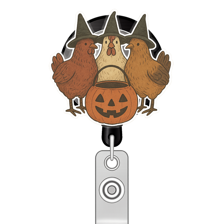 Custom Design – 3 chickens standing next to each other wearing witch hats in… - - Topperswap