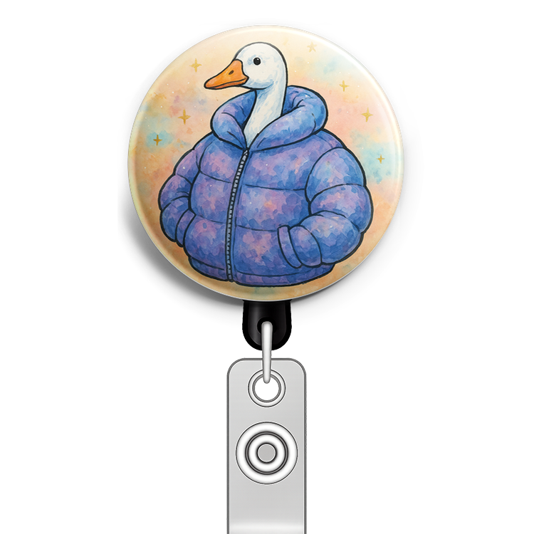 Custom Design – A silly goose in a big puffy winter jacket. - Badge Reel (Alligator, Black) - Topperswap