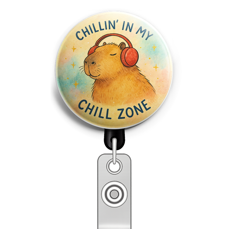 Custom Design – Capybara in earmuffs: 'Chillin' in my chill zone.' - Badge Reel (Alligator, White) - Topperswap