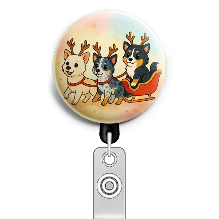 Custom Design – My pets dressed as reindeer pulling a sleigh - Badge Reel (Alligator, Black) - Topperswap