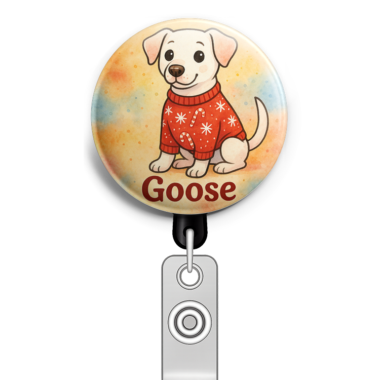 Custom Design – Goose wearing a cozy sweater with snowflakes and candy canes - Badge Reel (Alligator, Black) - Topperswap