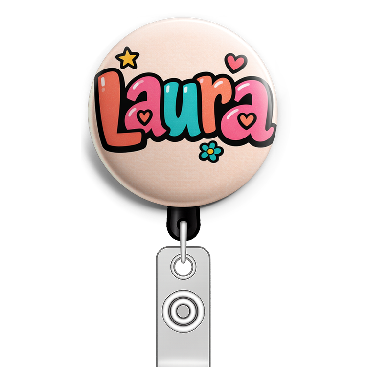 Design a circular badge featuring the name 'Laura' as the ce… - Badge Reel