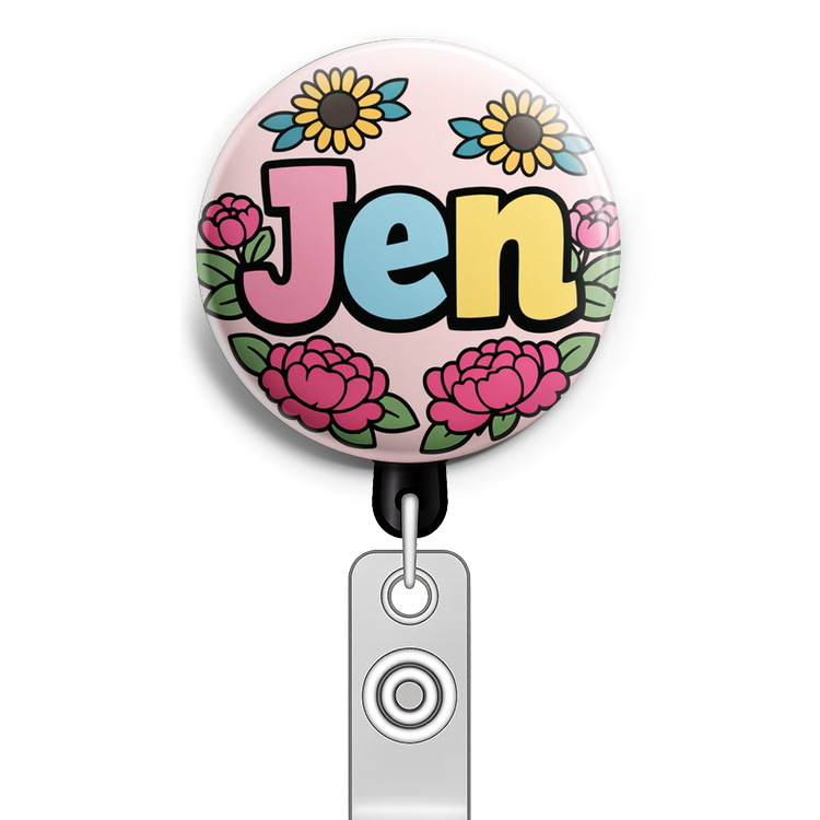 Create a circular badge design featuring the name 'Jen' as t… - Badge Reel