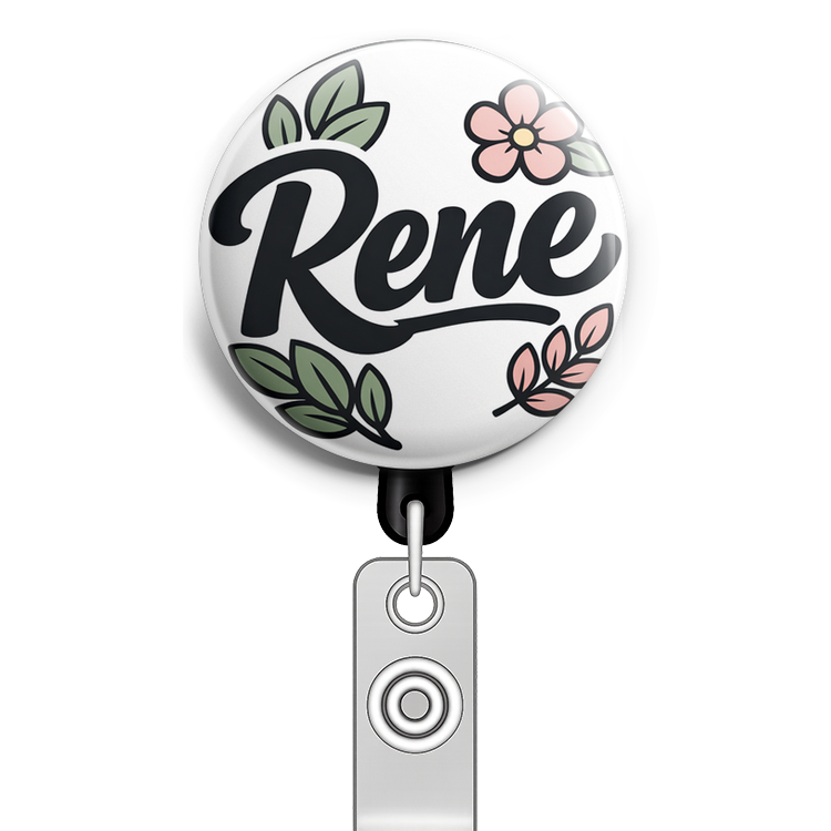Create a circular badge design featuring the name 'Rene' as… - Badge Reel