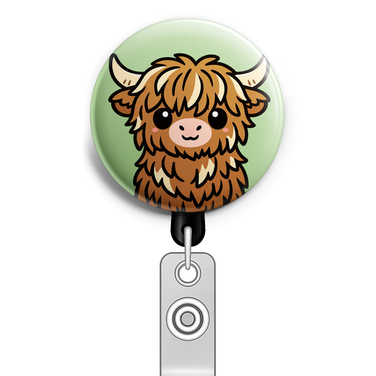 Design a circular image featuring a cute Highland cow center… - Badge Reel
