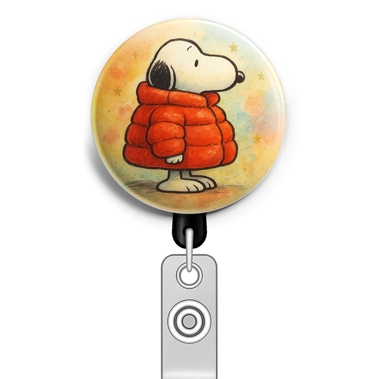 Custom Design – snoopy in an oversized christmas puffer jacket. Side profile… - Badge Reel (Alligator, Black) - Topperswap