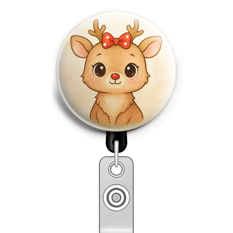 A cute baby reindeer character in a soft pastel, kawaii illu… - Badge Reel