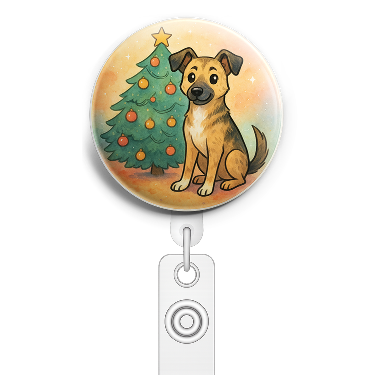 Custom Design – Sitting in front of Christmas tree - Badge Reel (Alligator, White) - Topperswap