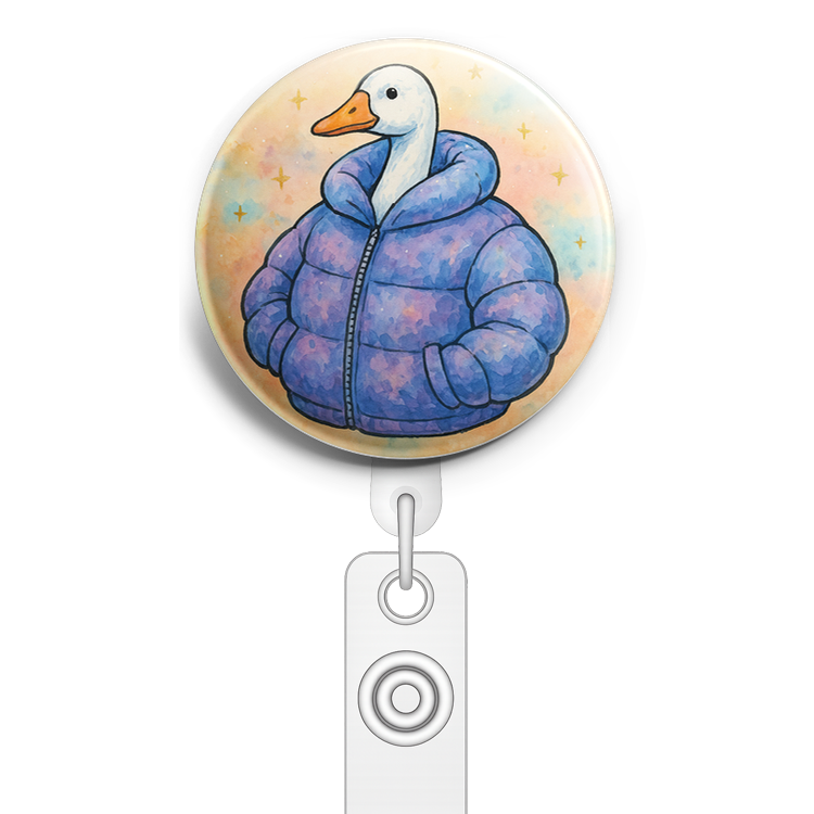 Custom Design – A silly goose in a big puffy winter jacket. - Badge Reel (Alligator, White) - Topperswap