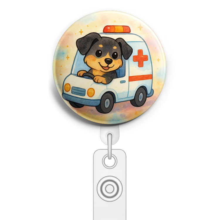 Custom Design – My pet driving ambulance - Badge Reel (Alligator, White) - Topperswap