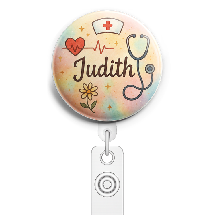 Custom Design – A personalized design prominently featuring the name "Judith… - Badge Reel (Alligator, White) - Topperswap