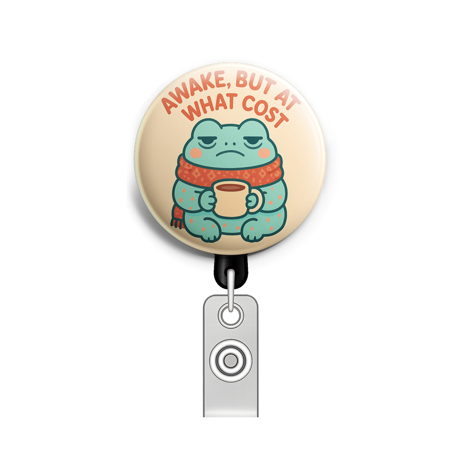 sleepy frog mascot facing forward holding a cup of coffee wi… - Badge Reel