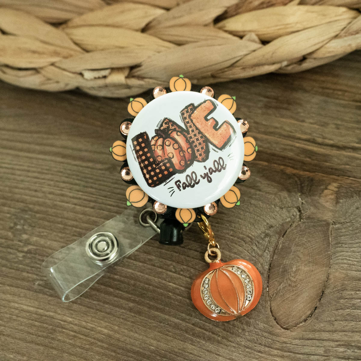 Pumpkin Charm with Crystals Badge Reel Add-on - - Topperswap