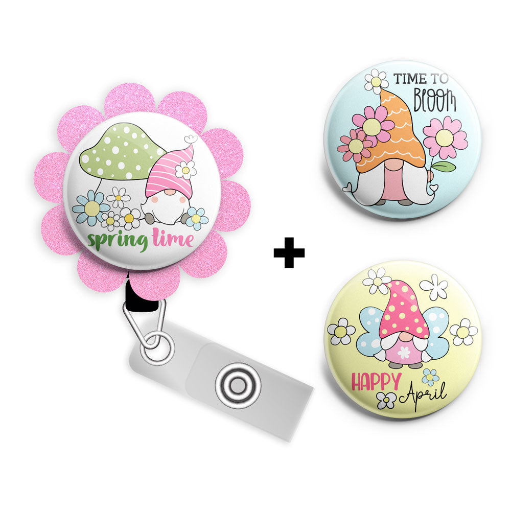 Spring Gnomes with Pink Flower Swapfinity Starter Bundle (Save 15%) • Spring Flower Retractable Magnetic ID Badge Reel, ID Holder • Swapfinity - - Topperswap