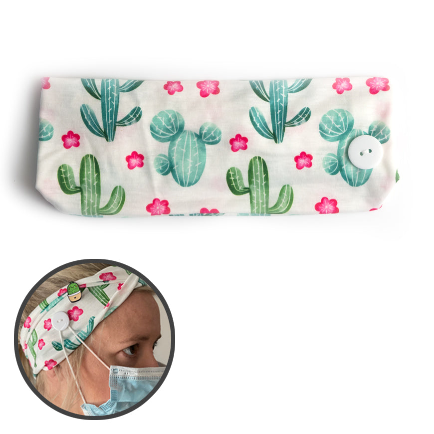 Watercolor Cactus Headband with Buttons for Mask | Ear Saver - - Topperswap
