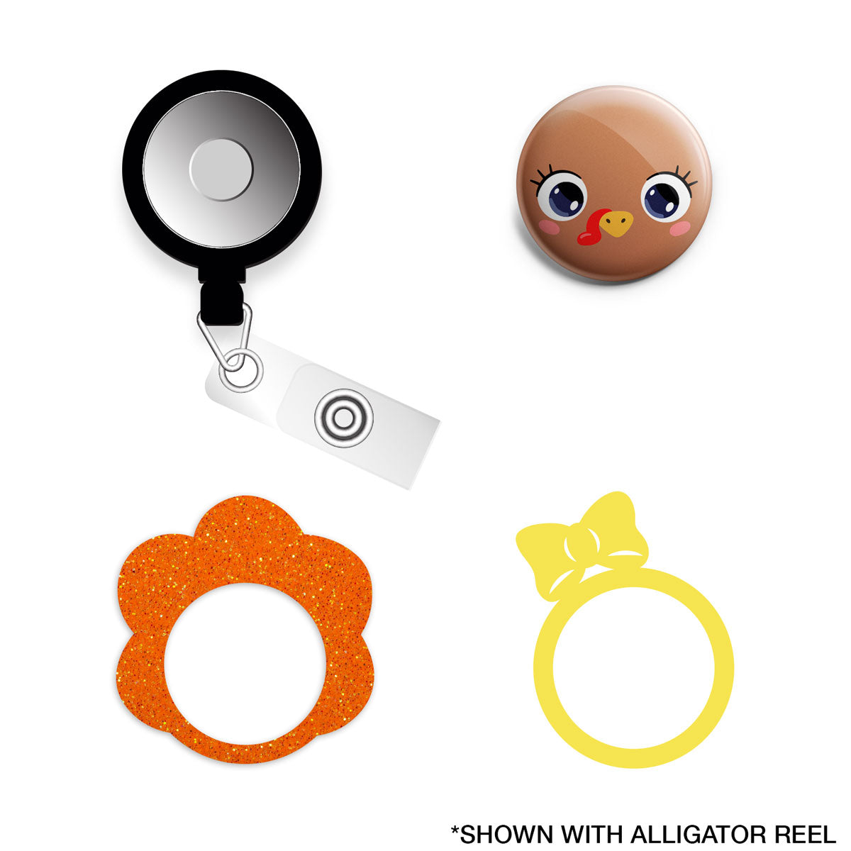 Turketta the Turkey - Orange Glitter - Bundle (Save 5%) • Cute Turkey Retractable Magnetic ID Badge Reel, ID Holder • Swapfinity - - Topperswap