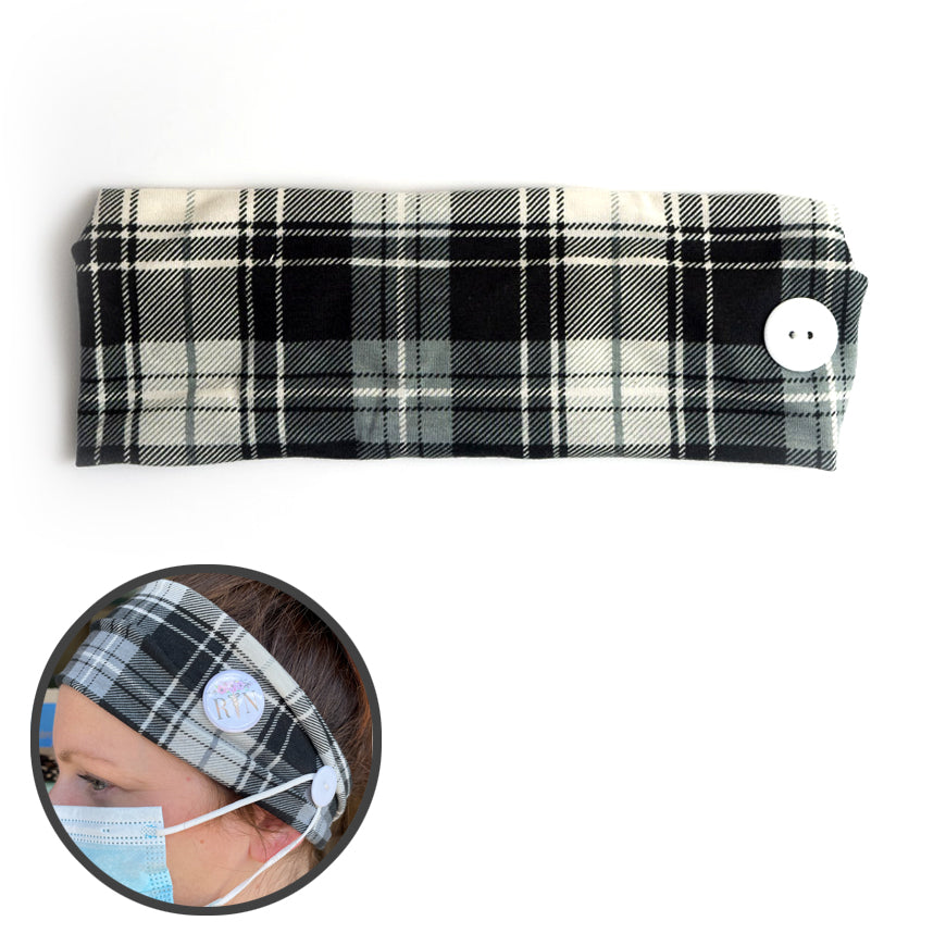 Black and White Plaid Headband with Buttons for Mask | Ear Saver - - Topperswap