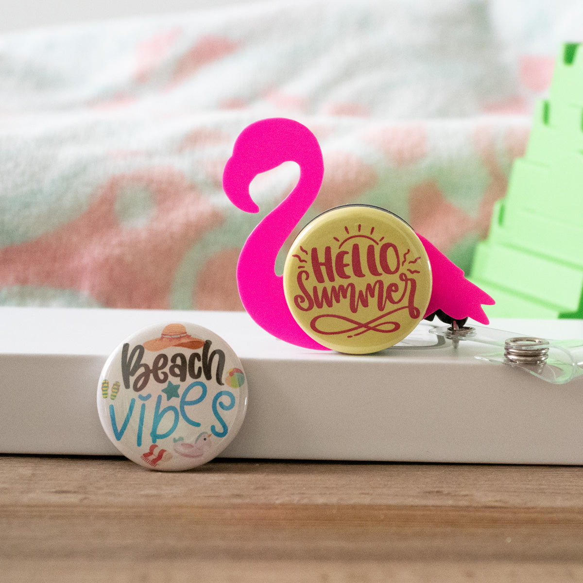 Hello Summer Flamingo Bundle (Save 10%) • Summer Flamingo Badge Reel, Badge Holder • Swapfinity - - Topperswap