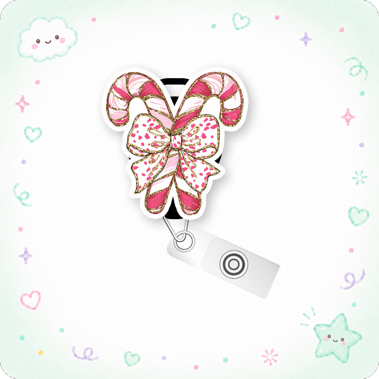 Candy Cane Bow Pop Topper Swapfinity Retractable ID Badge Reel - - Topperswap