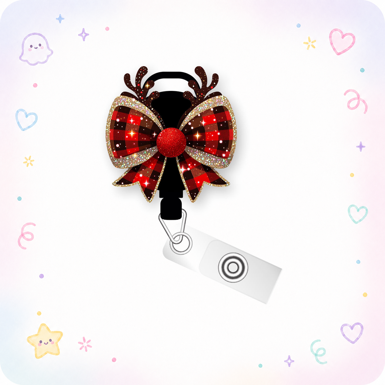 Plaid Reindeer Bow Pop Topper Swapfinity Retractable ID Badge Reel - - Topperswap