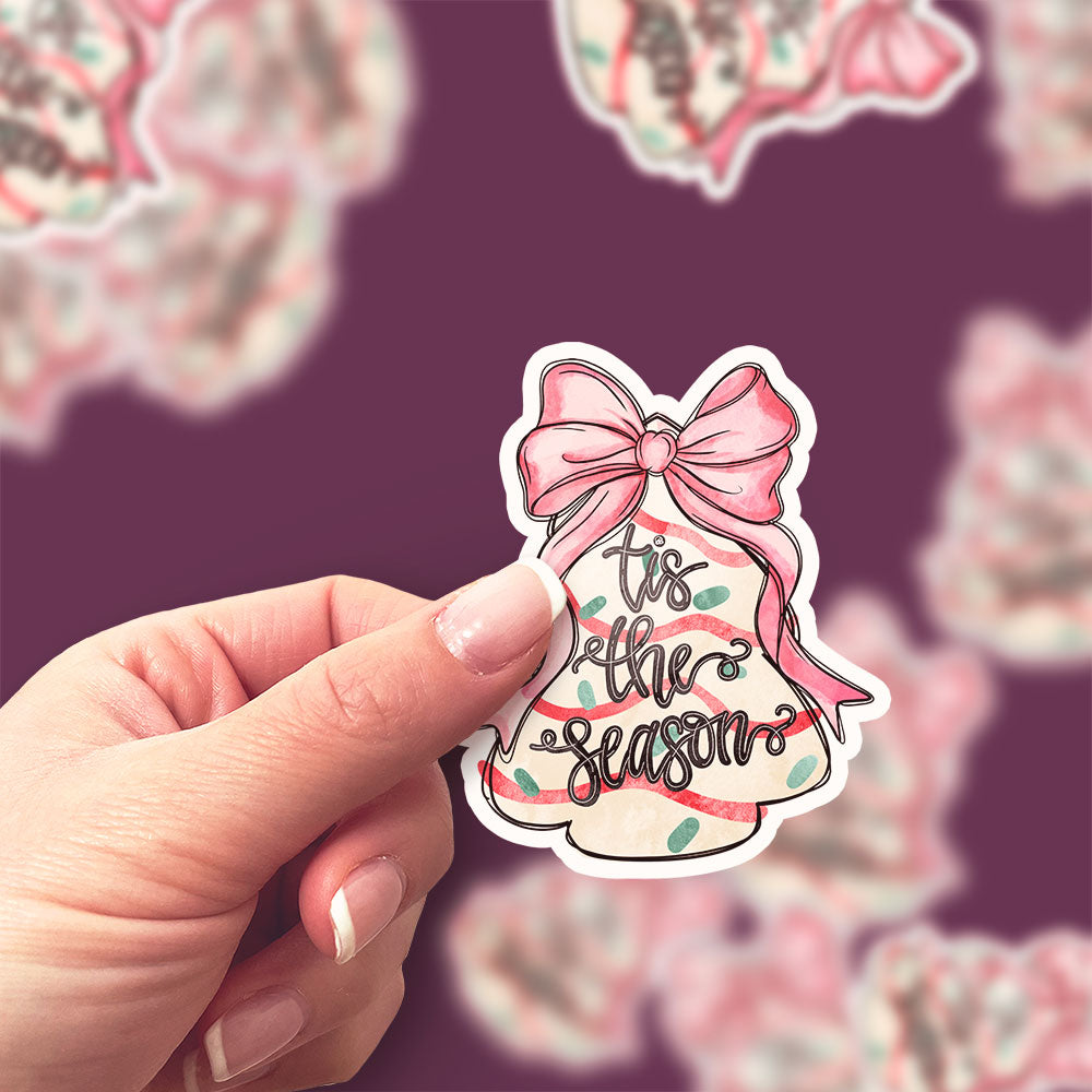 Pink Bow Christmas Tree Snack Cake Sticker - Classic Shine - Topperswap