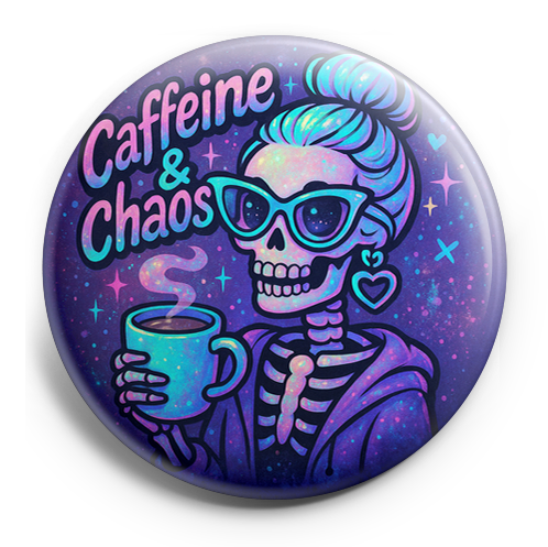 Custom Design – Glam skeleton holding a coffee cup with 'Caffeine & chaos' t… - - Topperswap