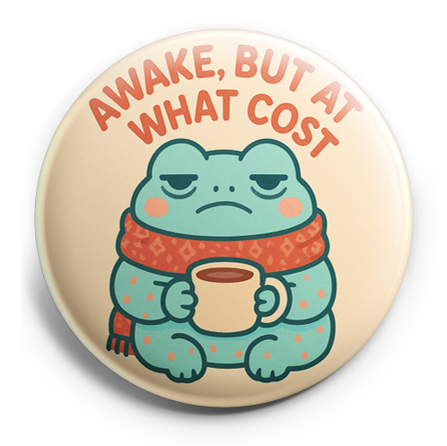 sleepy frog mascot facing forward holding a cup of coffee wi…