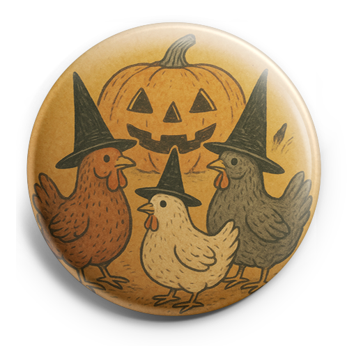 3 chickens wearing witch hats in front of a jack-o-lantern