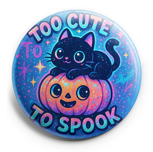 Custom Design – Black cat lounging on pumpkin with text 'Too Cute to Spook' - - Topperswap
