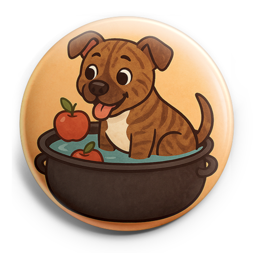 my pet bobbing for apples in a witch's cauldron.