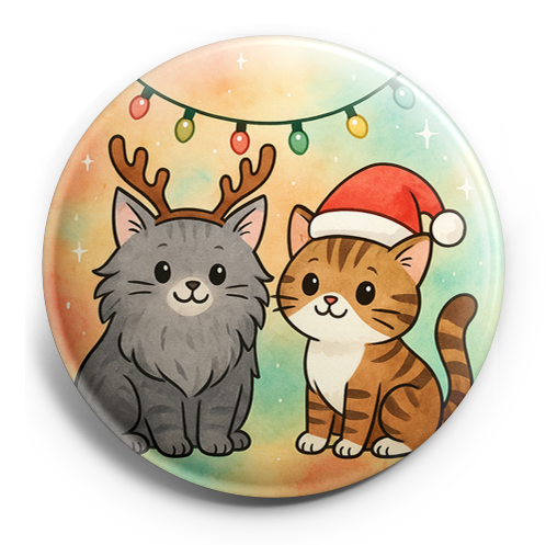 one cat in reindeer antlers and one in a Santa hat with Chri…