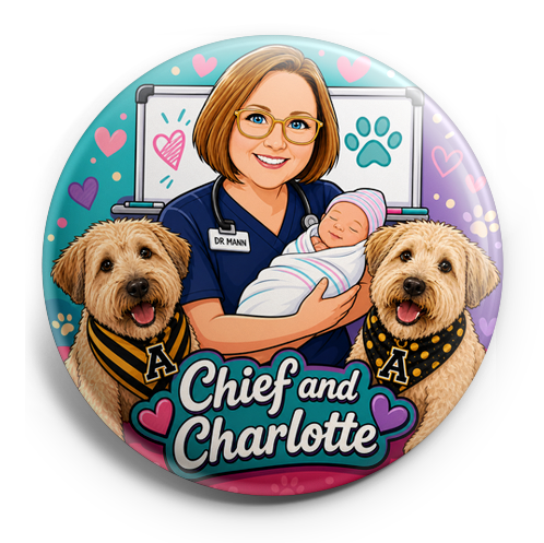 A white nurse in navy scrubs. Badge says Dr Mann. She is in… – Topper