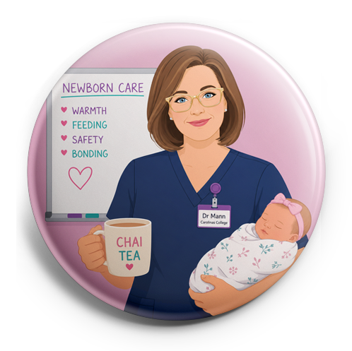 A white nurse in navy scrubs. Badge says Dr Mann Carolinas C… – Topper