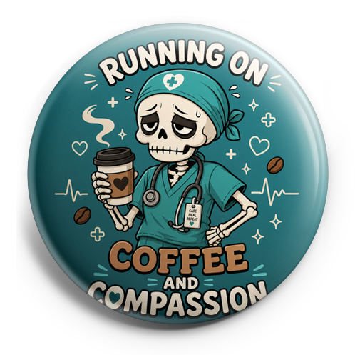 A cute cartoon skeleton wearing nurse scrubs and a stethosco… – Topper