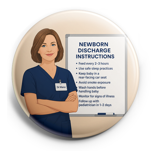 A white nurse in navy scrubs. Badge says Dr Mann. She is in… – Topper