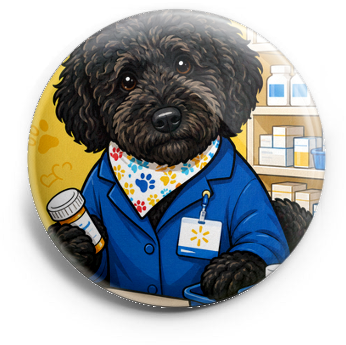 My dog as a pharmacy tech, wearing a blue lab coat (Walmart)… – Topper