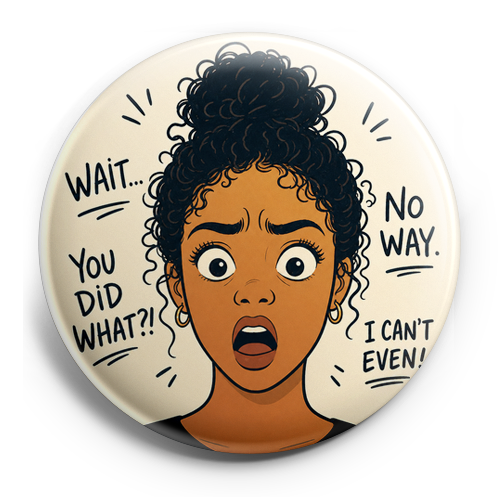 Girl with caramel skin, curly black bun, appalled face, real… – Topper