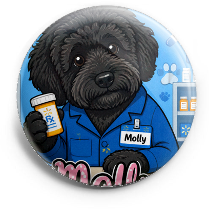 My dog as a pharmacy tech wearing a blue lab coat (Walmart)… – Topper