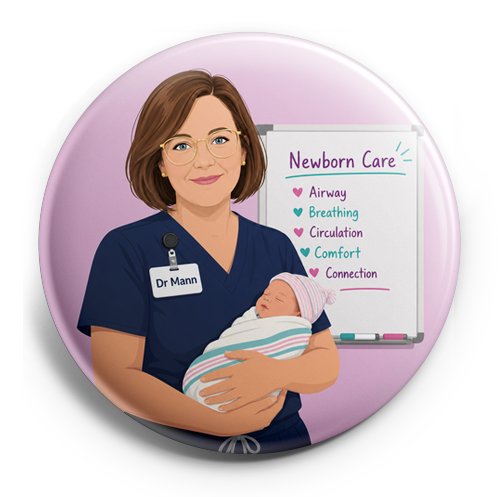 A white nurse in navy scrubs. Badge says Dr Mann. She is in… – Topper