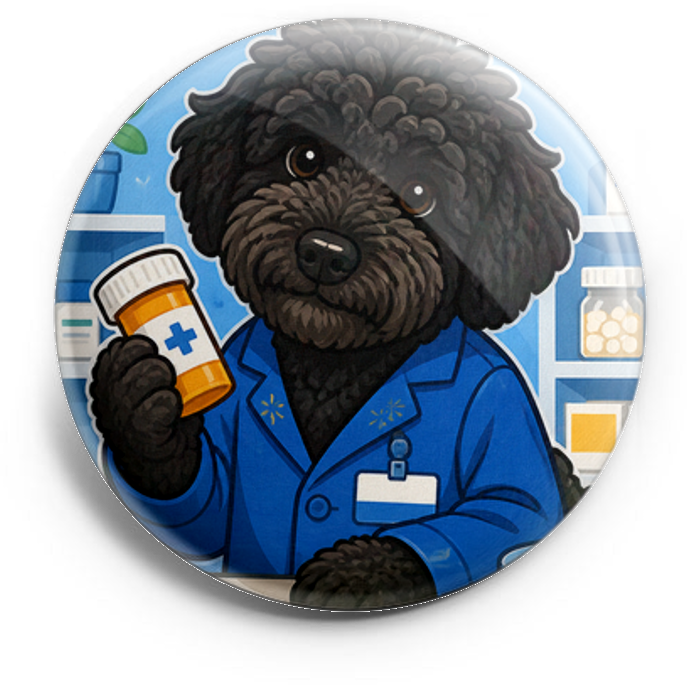 My dog as a pharmacy tech wearing a blue lab coat (Walmart)… – Topper
