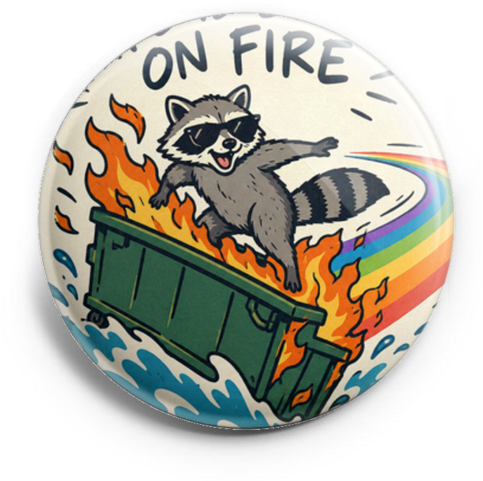 A raccoon using a dumpster that is on fire as a surfboard, a… – Topper