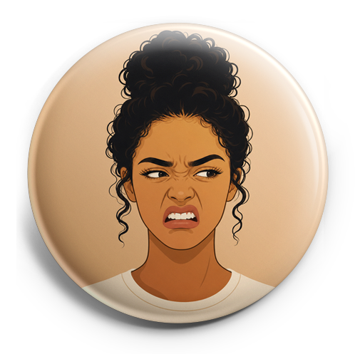 Girl with caramel skin, curly black bun, close up, disgusted… – Topper