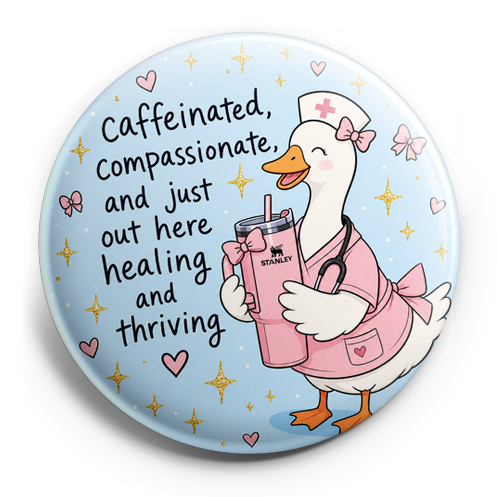 Coquette nurse goose with Stanley cup looking happy on a lig… – Topper