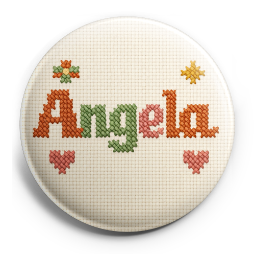 Create a circular badge design featuring the name 'Angela' a…