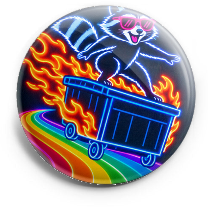 Raccoon using a dumpster that is on fire as a surf board, an… – Topper