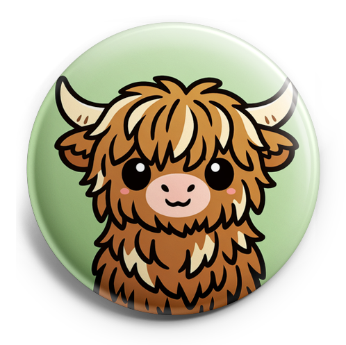 Design a circular image featuring a cute Highland cow center…