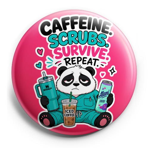 Custom Design – Tired panda in scrubs with ice coffee, Stanley cup, and an A… - Topper (Regular) - Topperswap