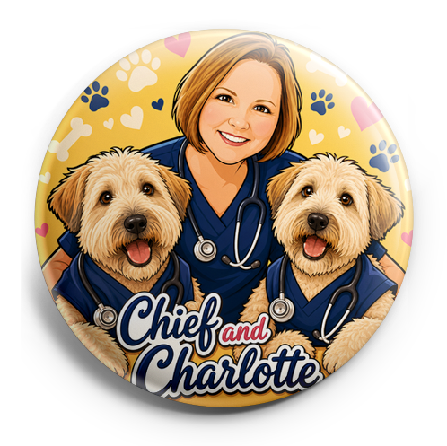 Me and my dogs wearing navy blue scrubs with stethoscopes – Topper