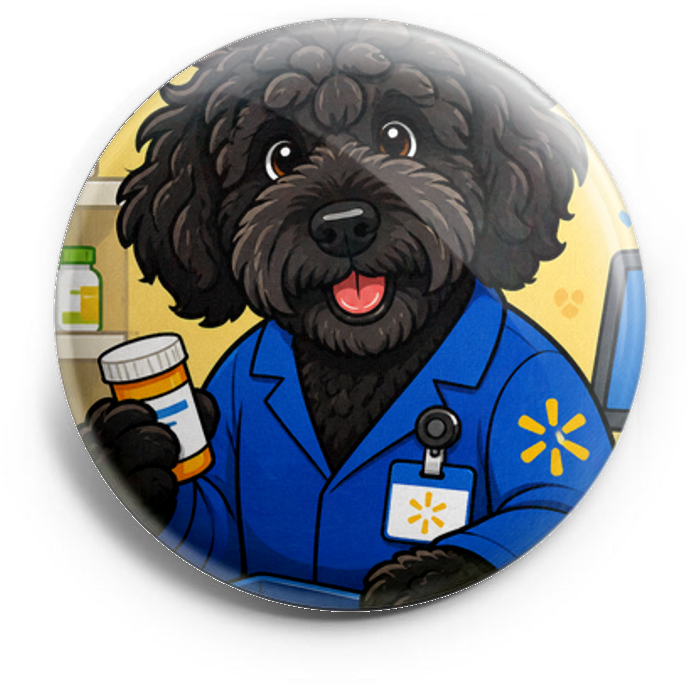 My dog as a pharmacy tech wearing a blue lab coat (Walmart)… – Topper
